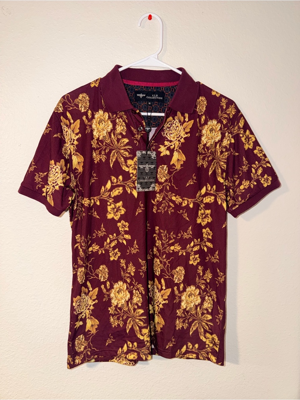 Maroon Floral Polo Shirt with Yellow Print - Men's